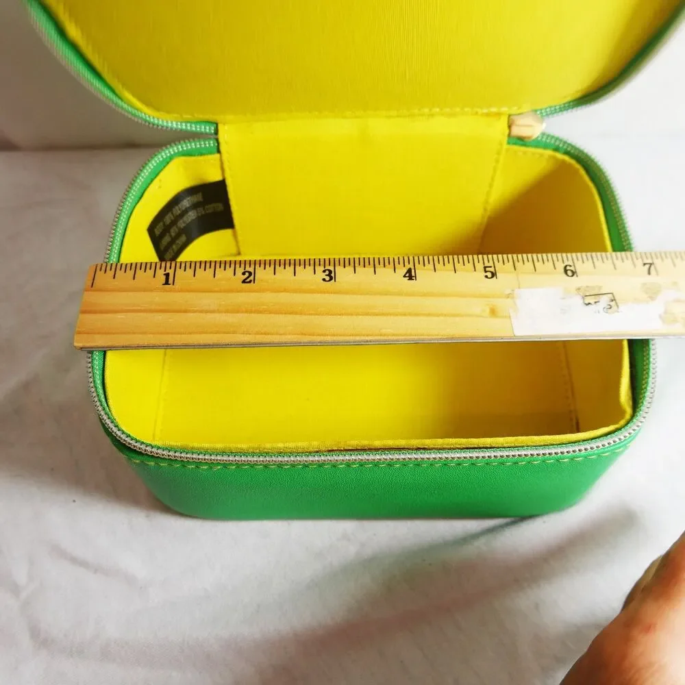 Tata Harper Green Vanity/Travel Case with zipper sq box 5 x6 yellow inside